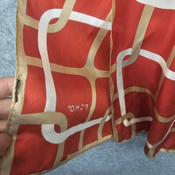 Echo Silk Scarf Women Red Tan Chain Link Designer Long Wrap Mod 70s Preppy 14x44 - Picture 9 of 11